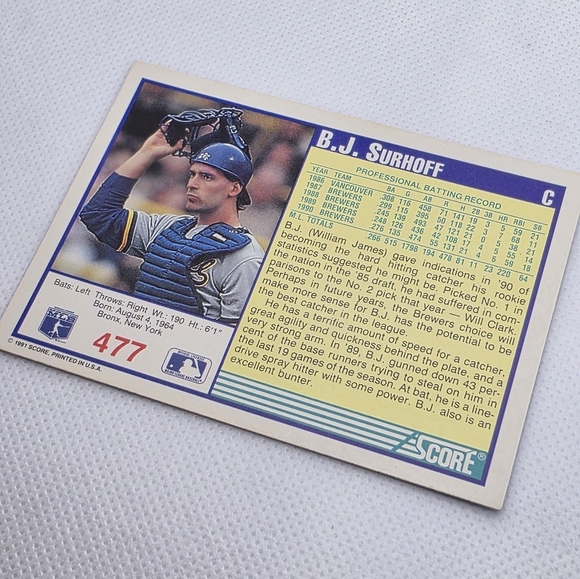 1991 Score B.J. Surhoff Milwaukee Brewers #477 Baseball Card - Picture 4 of 4